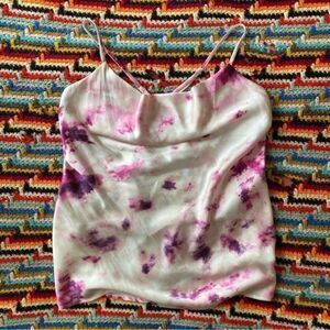 Bardot Silk style Purple White Tie Dye Cowl Neck Adjustable Tank Top